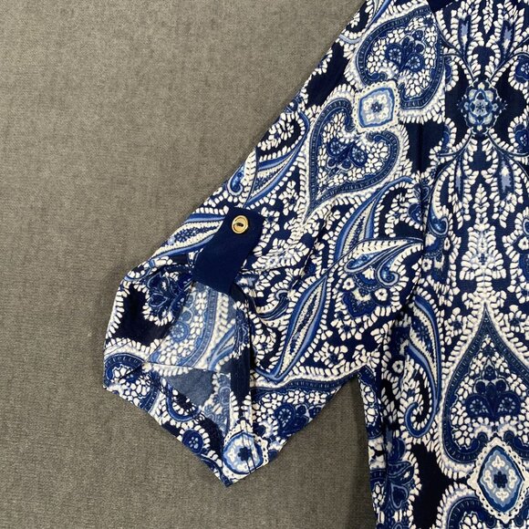 Blue Paisley V-Neck Tunic With 3/4 Sleeves PerSeption Concept Button Womens L - Picture 6 of 11